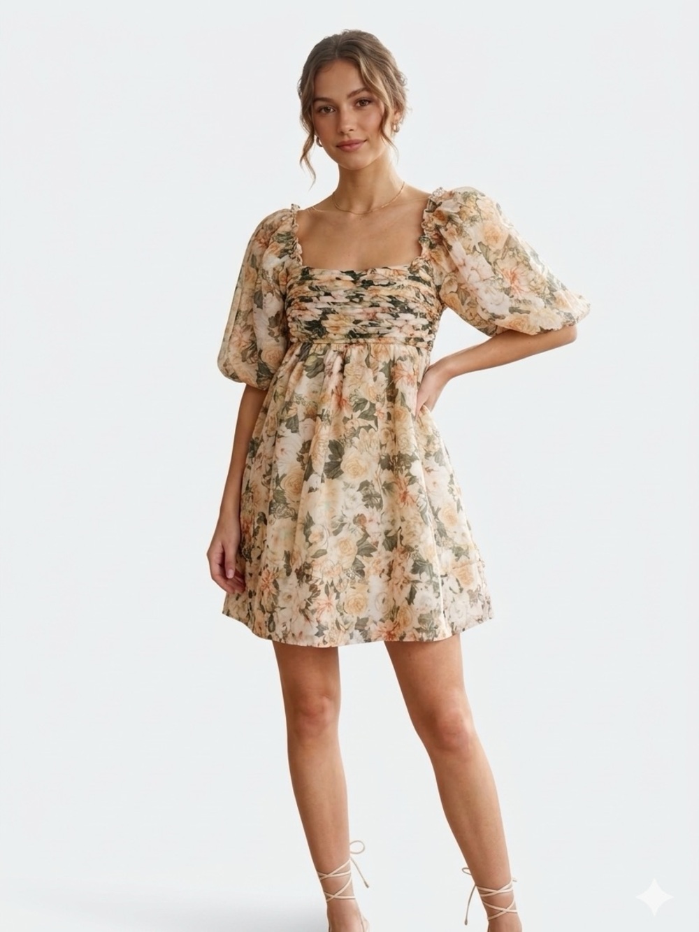 NWT Sofie the Label Floral Smocked Puff-Sleeve Mini Dress in Cream and Sage